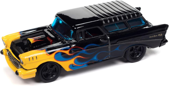 1/64 JOHNNY LIGHTNING BLACK WITH FLAMES DRAGGIN' WAGON 1957 CHEVROLET NOMAD GLOSS BLACK WITH YELLOW AND BLUE FLAMES NEW ON CARD