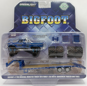 GREENLIGHT BIGFOOT #1 THE ORIGINAL MONSTER TRUCK FORD F-250 WITH GOOSENECK TRAILER AND TIRES BLUE NEW ON CARD