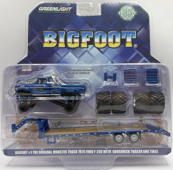 GREENLIGHT BIGFOOT #1 THE ORIGINAL MONSTER TRUCK FORD F-250 WITH GOOSENECK TRAILER AND TIRES BLUE NEW ON CARD