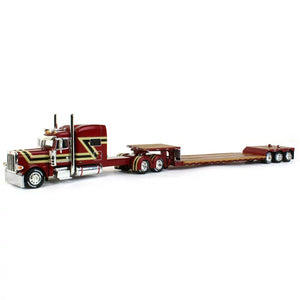 1/64 SCALE DCP / FIRST GEAR PETERBILT 389 STRETCHED RED/GOLD WITH LOWBOY DROP DECK TRAILER 60-1304