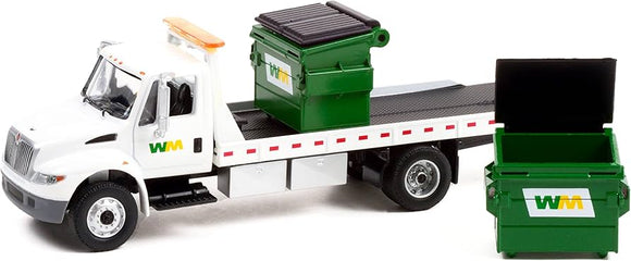 GREENLIGHT H.D TRUCKS 2013 INTERNATIONAL DURASTAR FLATBED WITH COMMERCIAL DUMPSTERS NEW ON CARD