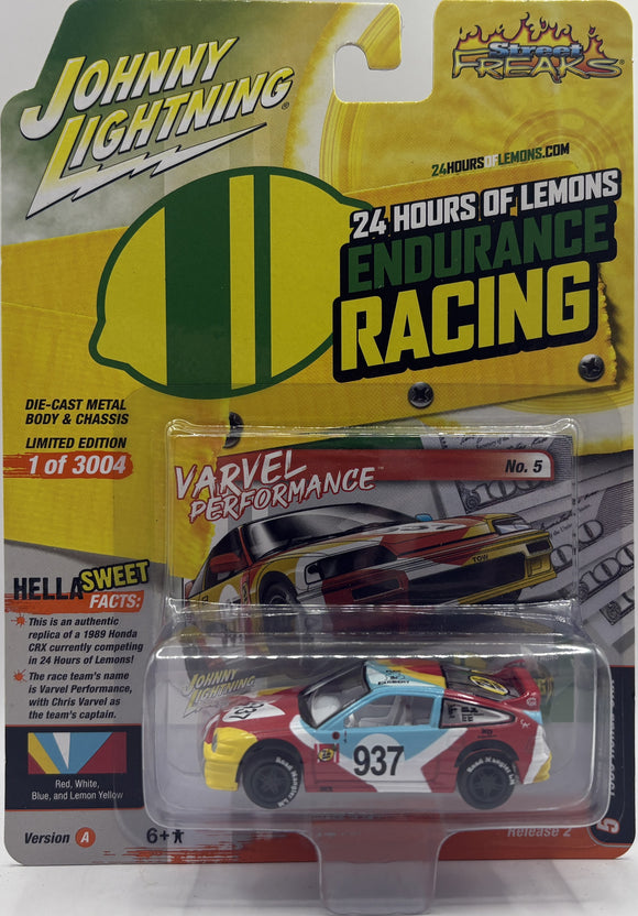 1/64 JOHNNY LIGHTNING 1989 HONDA CRX 24 HOURS OF LEMONS ENDURANCE RACING RED/BLUE/YELLOW NEW ON CARD