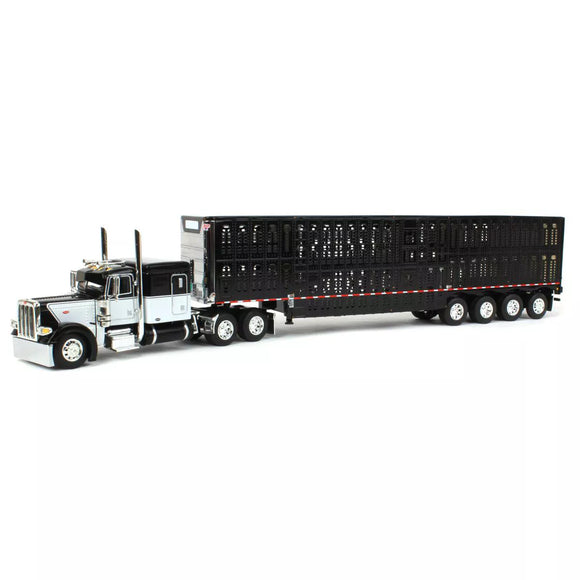 1/64 DCP / FIRST GEAR PETERBILT 389 WHITE/BLACK WITH QUAD AXLE LIVESTOCK TRAILER 60-1653