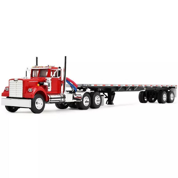 Dcp / First Gear 1/64  White Western Star 4900 Day Cab with 48’ Utility Flatbed Trailer Viper Red 60-2093