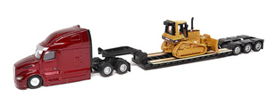 1/87 DIECAST MASTERS CAT SEMI TRACTOR WITH LOWBOY TRAILER AND CAT DIECAST MACHINES RED NEW IN BLISTER PACK
