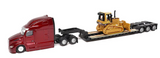 1/87 DIECAST MASTERS CAT SEMI TRACTOR WITH LOWBOY TRAILER AND CAT DIECAST MACHINES RED NEW IN BLISTER PACK