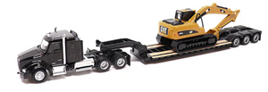 1/87 DIECAST MASTERS CAT SEMI TRACTOR WITH LOWBOY TRAILER AND CAT DIECAST MACHINES BLACK NEW IN BLISTER PACK
