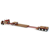 1/64 SCALE DCP / FIRST GEAR PETERBILT 389 STRETCHED RED/GOLD WITH LOWBOY DROP DECK TRAILER 60-1304