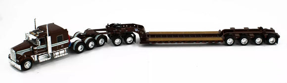 1/64 DCP KENWORTH W900L BROWN/WHITE MINT TRI DRIVE BLUE & HEAVY LOWBOY TRI AXLE TRAILER AND JEEP 60-1699