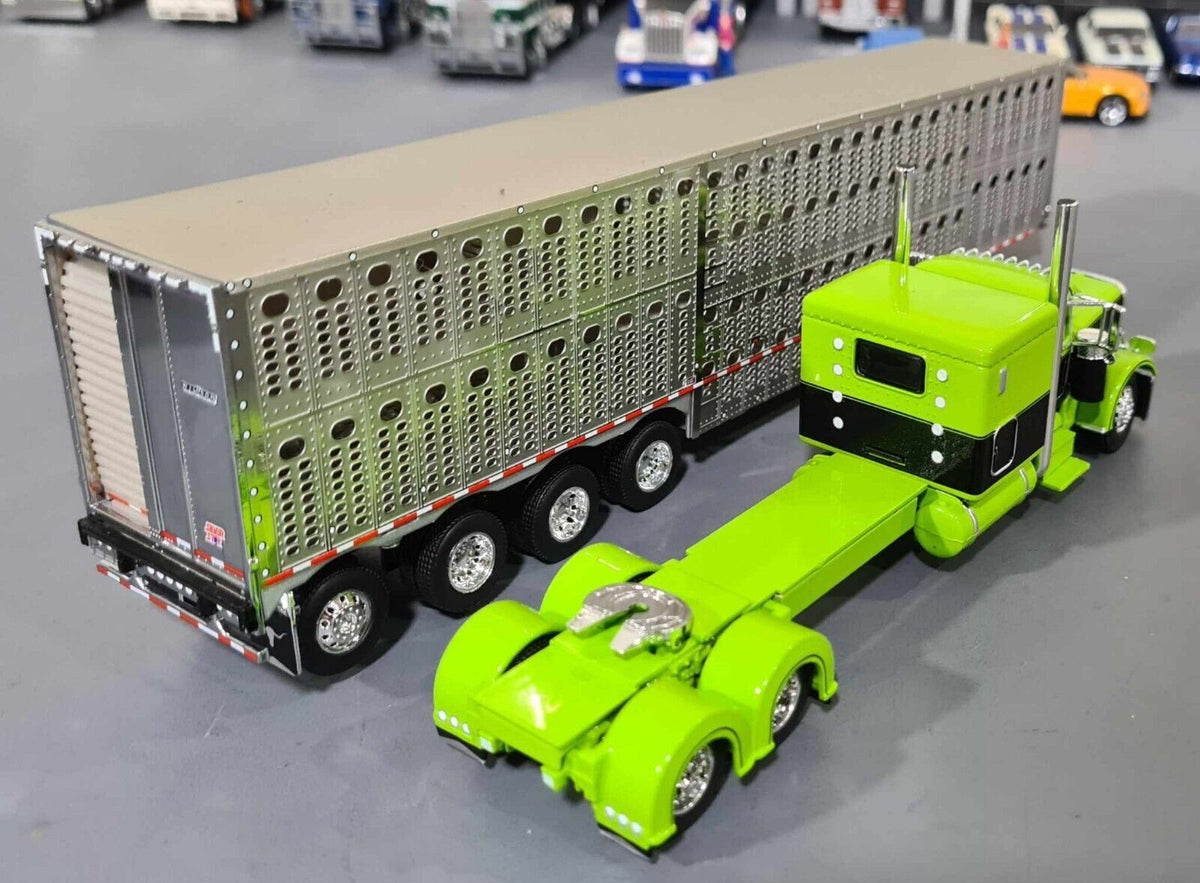 1/64 DCP PETERBILT 389 LIME GREEN/SILVER & QUAD AXLE LIVESTOCK TRAILER TUFFTRUCKS SCALE MODELS