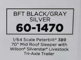 1/64 DCP PETERBILT 389 BLACK/GRAY/SILVER &TRI AXLE LIVESTOCK TRAILER 60-1470