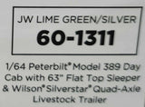1/64 DCP PETERBILT 389 LIME GREEN/SILVER & QUAD AXLE LIVESTOCK TRAILER 60-1311