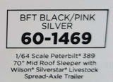 1/64 DCP PETERBILT 389 BLACK/PINK/SILVER & SPREAD AXLE LIVESTOCK TRAILER 60-1469