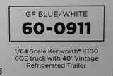DCP / FIRST GEAR KENWORTH K100 BLUE&WHITE WITH VINTAGE 40FT BOGIE AXLE TRAILER  60-0911