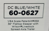 1/64 DCP / FIRST GEAR PETERBILT 359 BLUE/WHITE WITH SPREAD LIVESTOCK TRAILER