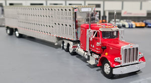 1/64 DCP / FIRST GEAR PETERBILT 359 RED WITH SPREAD LIVESTOCK TRAILER