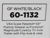 1/64 DCP PETERBILT TRI DRIVE & HEAVY LOWBOY TRI AXLE TRAILER WHITE/BLACK 60-1132