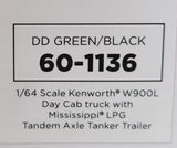 1/64 DCP / FIRST GEAR GREEN/BLACK KENWORTH W900L WITH LPG TANKER TRAILER 60-1136