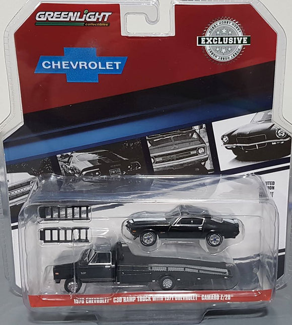 1/64 GREENLIGHT 1970 CHEV C-30 RAMP TRUCK AND 1971 CAMARO Z/28  NEW ON CARD