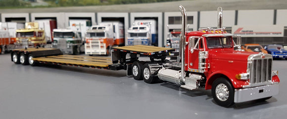 1/64 DCP / FIRST GEAR PETERBILT 379 RED WITH EXTENDABLE DROP DECK TRI AXLE TRAILER