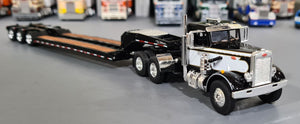 1/64 DCP / FIRST GEAR VINTAGE PETERBILT IN BLACK AND WHITE WITH TRI HEAVY HAULER TRAILER 60-1256