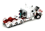 1/64 DCP PETERBILT 389 TRI DRIVE & HEAVY LOWBOY TRI AXLE TRAILER IN WHITE WITH FLAMES   60-1166